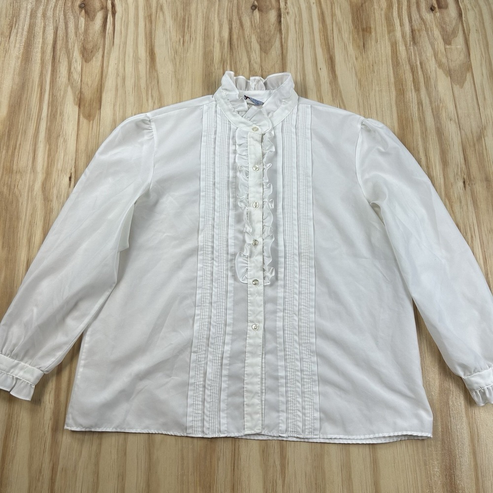 Vintage Victorian David Peet Womens XL White Ruffle Pleated Puff Sleeve Blouse
